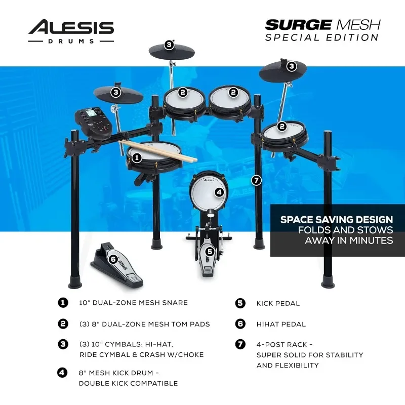 Drums Surge Mesh SE Kit - Electric Drum Set with USB MIDI Connectivity, Quiet Mesh Heads, Drum Module, Solid Rack