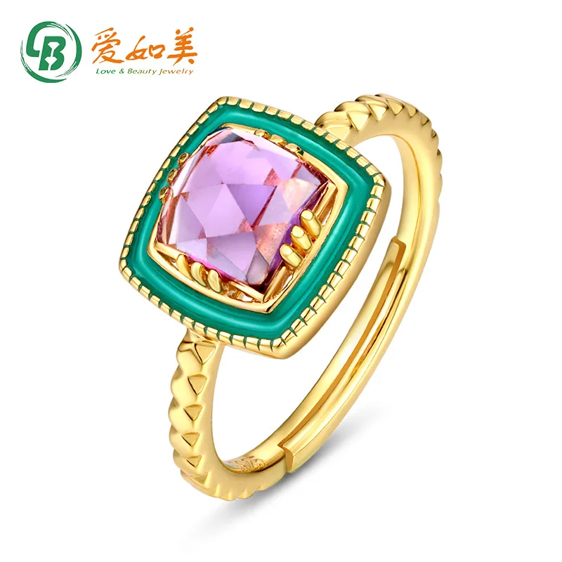 

New Fashion Drip Oil Set Natural Amethyst Open Ring for Women 18K Gold PT950 Platinum Silver Plated 7-Layer Gold