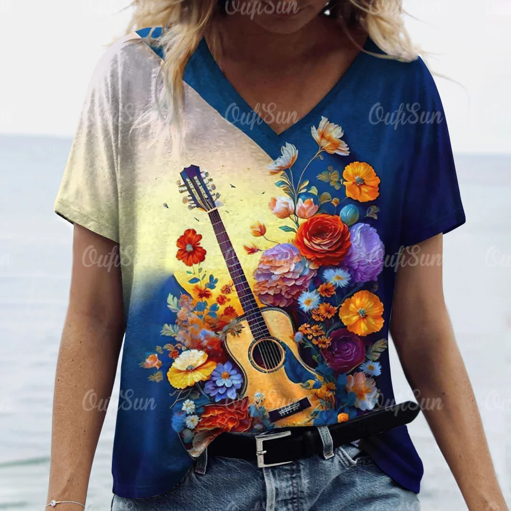 Aesthetic V Neck Women T-Shirts Guitar Graphic Fashion Short Sleeve Harajuku Y2k Floral Tops Oversized Casual Tee Female Clothes