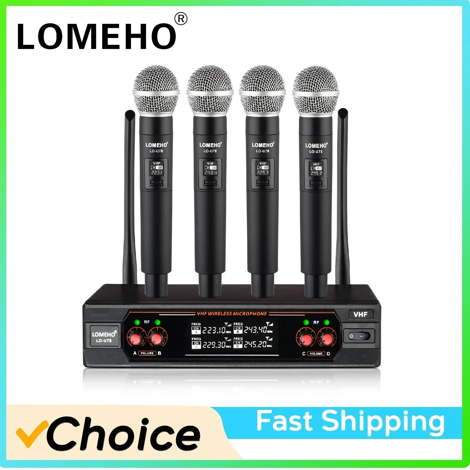 LOMEHO VHF 4 Ways Wireless Microphone System Fixed Frequency 30m Handheld Dynamic Transmitter Party Church Plastic Mic LO-U78