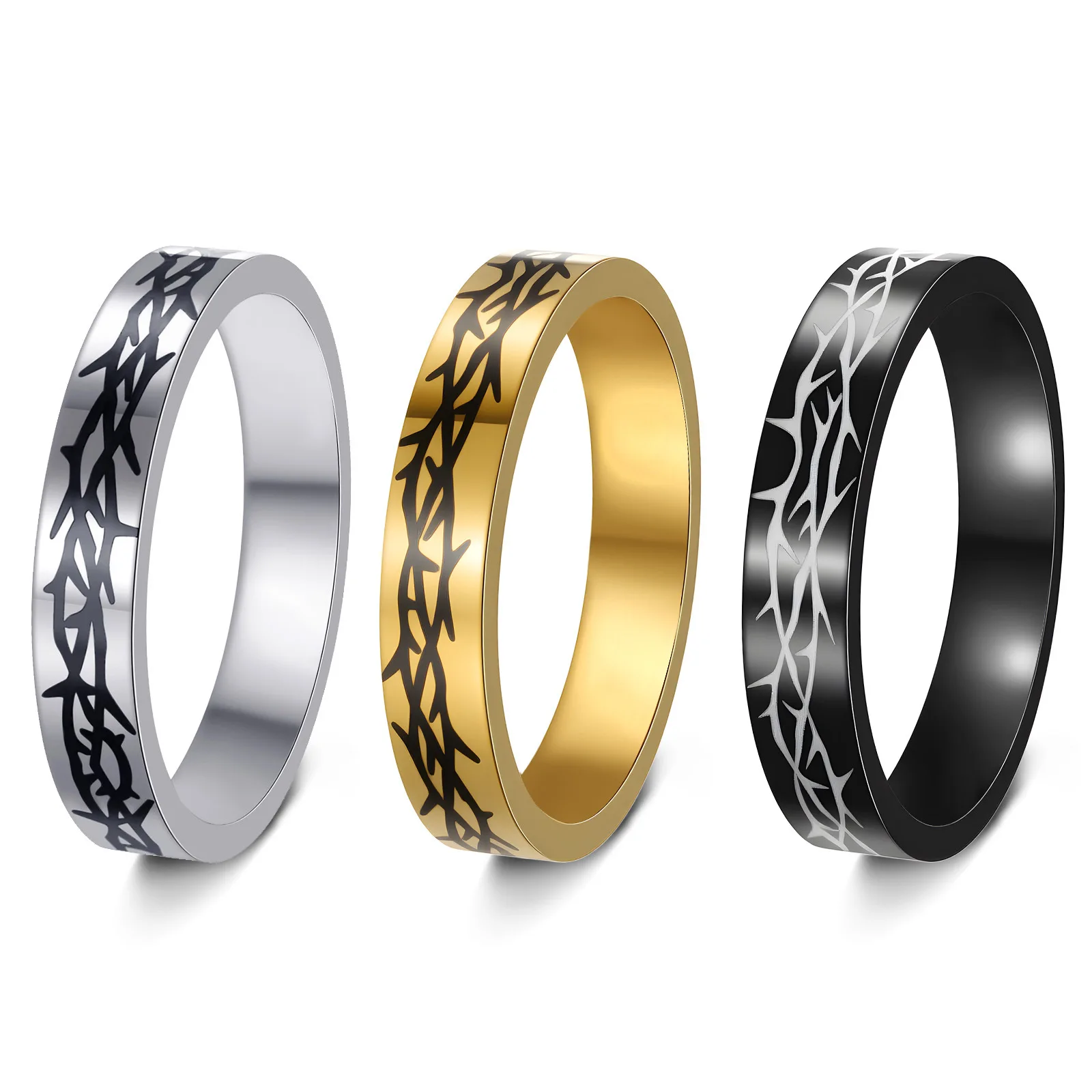 

Women's 4MM Stainl Steel Ring Laser Enaved Thorns Ring New Faion Jewelry Cross-Border Titanium Steel Band Ring