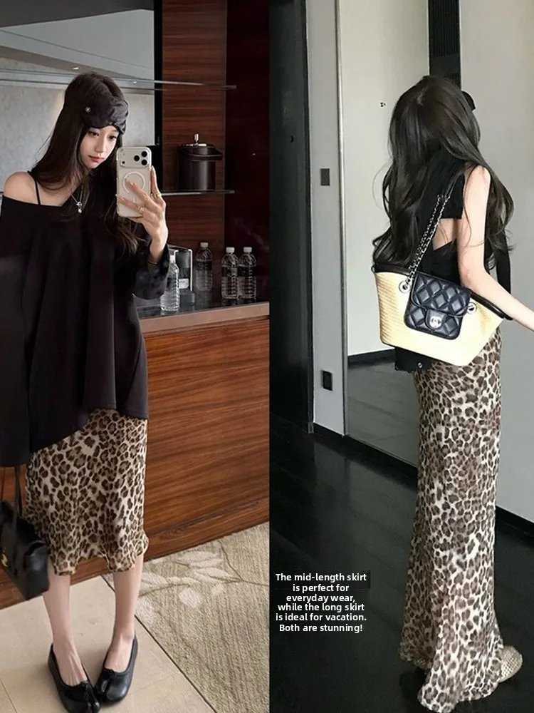 

Elegant Thin Leopard Print Skirt Women's High Waist Slim A-Line Wrap Body Summer New Style Sexy Commute Korean Version