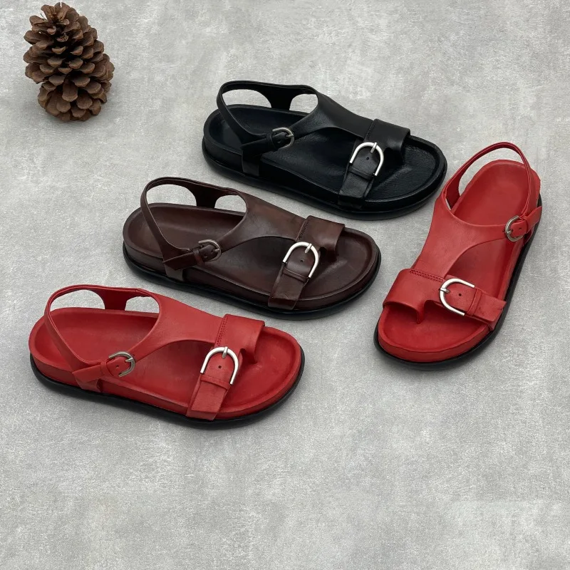 Birkuir 2026 Gladiator Sandals For Buckle Flat Heel Slides Elegant Luxury Casual Sandals Open Toe Genuine Leather Beach Slides