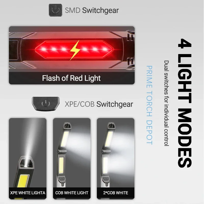 Luces de trabajo LED COB portátiles, batería integrada, linterna recargable por USB con gancho magnético, linterna plegable para acampar al aire libre