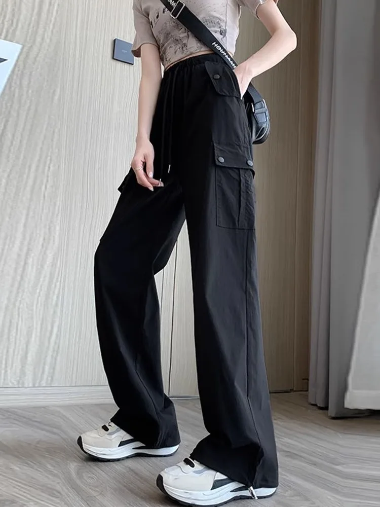 Black Ice Silk Quick Dry Work Pants Women Summer Thin Drawstring Cuffed Straight Loose Casual Sports Trousers