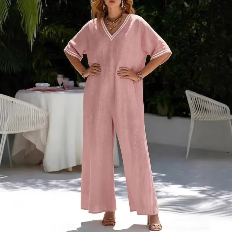 

Plus Size Solid Color Shirt Jumpsuit for Women Summer 2026 Striped Pattern V-neck Half Sleeve Female Casual Straight Leg Pants