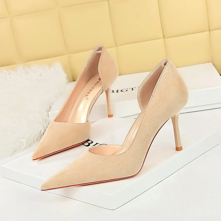 

new Version Fashionable And Minimalist Slim Heel Heels Women's Shoes With Slimming Suede Surface Shallow Mouth Women Pumps