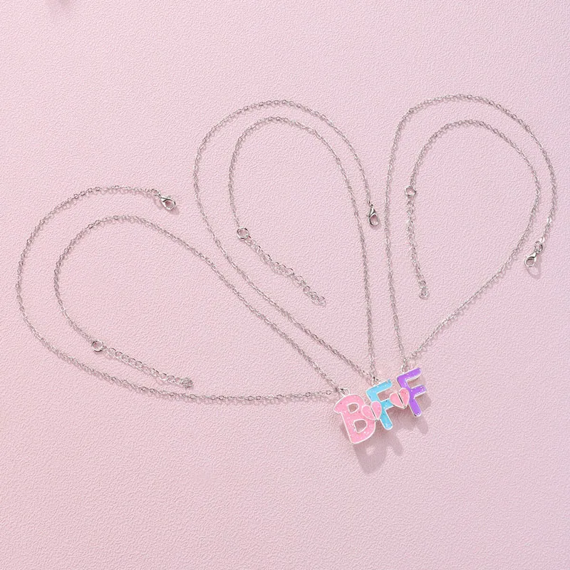 Lovecryst 3Pcs/set Colorful Glitter Pendant BFF Letter Magnetic Necklaces for 3 Kids Girls Friendship Children Jewelry Gifts