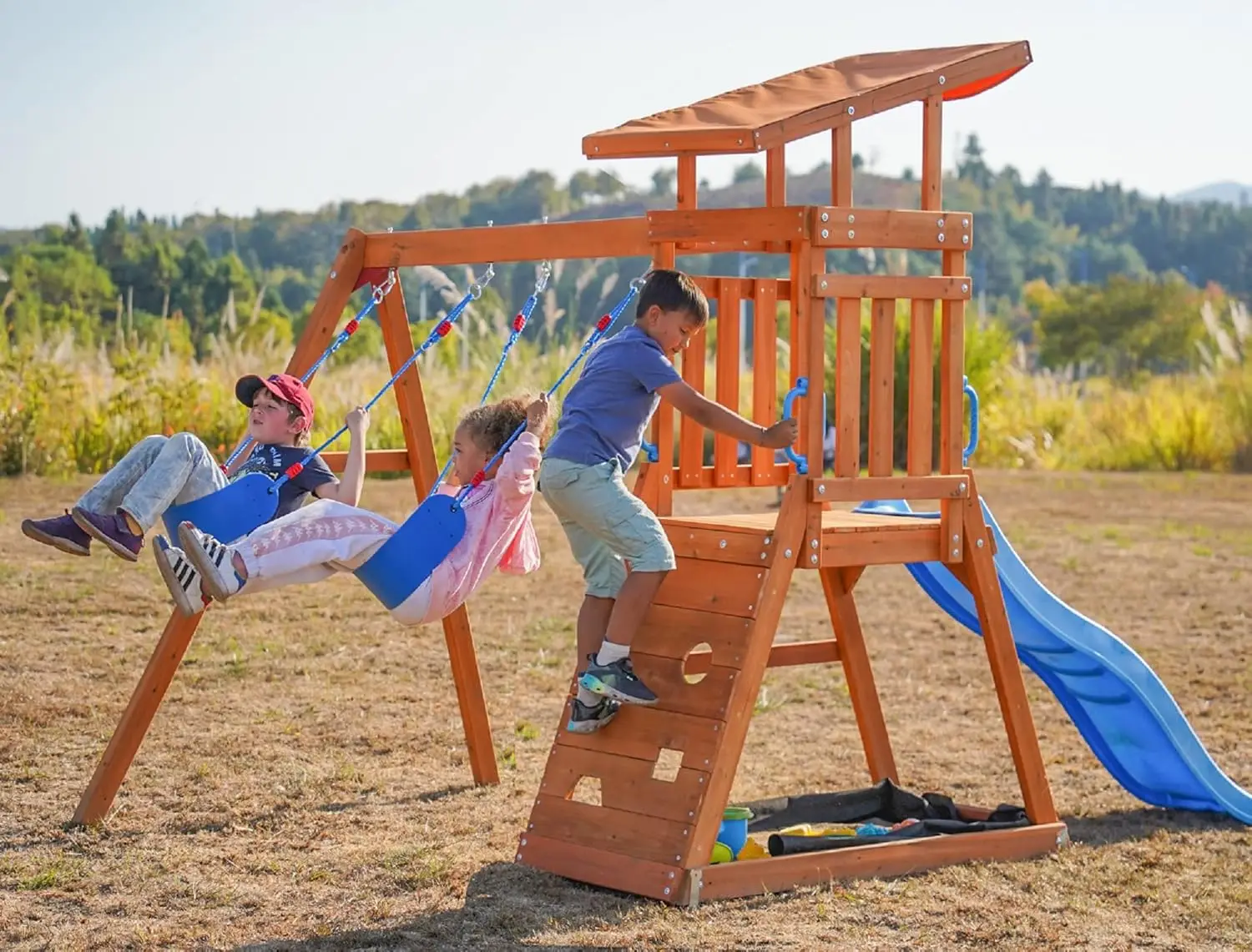 Balançoires en bois pour jardin avec toboggan de 6 pieds, ensemble de jeu extérieur pour enfants avec fosse à sable, mur d'escalade et 2 balançoires à ceinture, lourd D