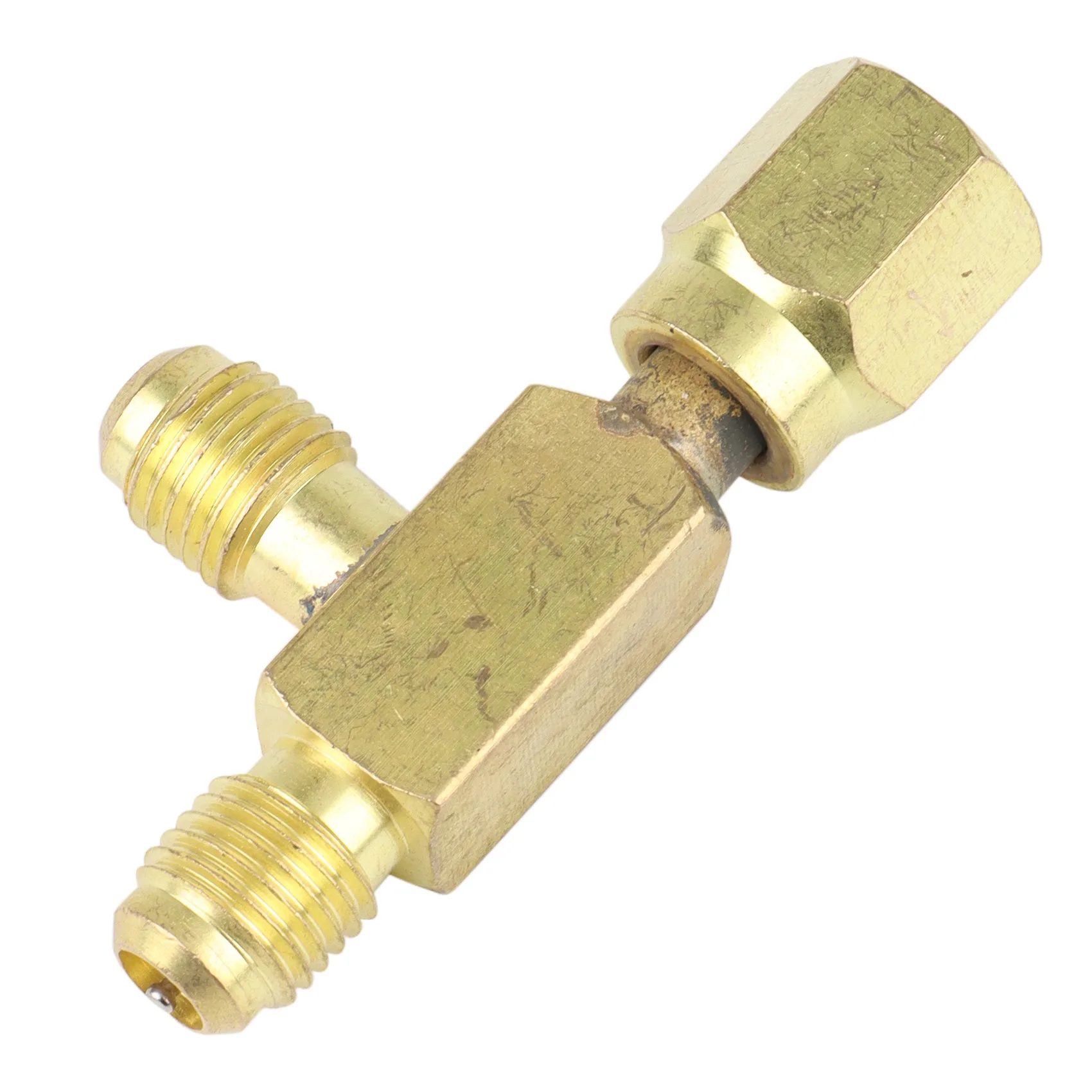 อะแดปเตอร์ตัวทีทองเหลือง1/4นิ้วตัวเชื่อมต่อเปลวไฟ SAE ตัวผู้และตัวเมียแบบหมุนได้การติดตั้งเครื่องปรับอากาศอัตโนมัติ