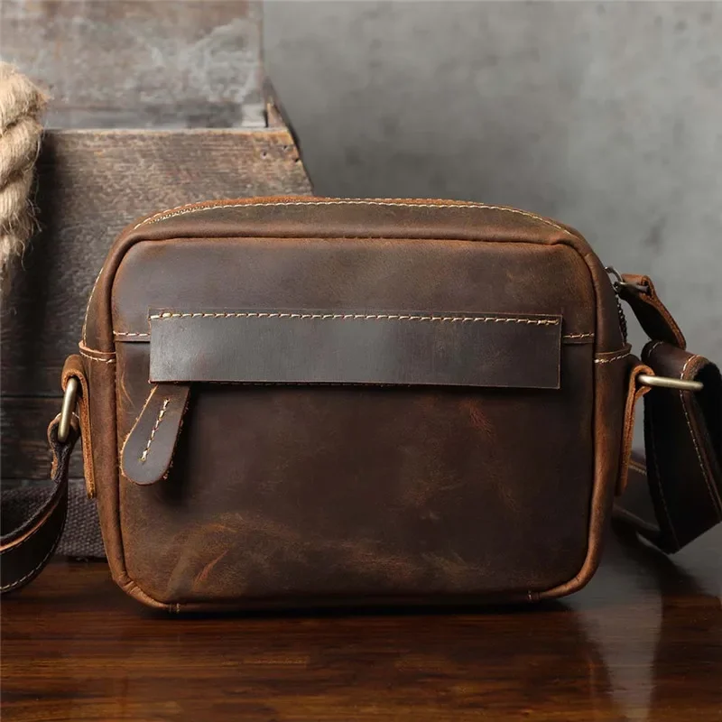 Vintage organizer genuine leather men's small cross-body bag outdoor casual high-quality luxury crazy horse leather shoulder bag