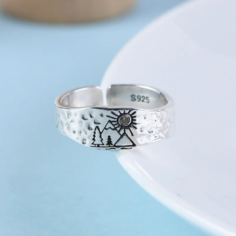

A Sunrise in Forest Thai Silver Rings for Women 925 Sterling Silver Knocking Face Unusual Ring Ethnic Orientalism Jewelry Trendy