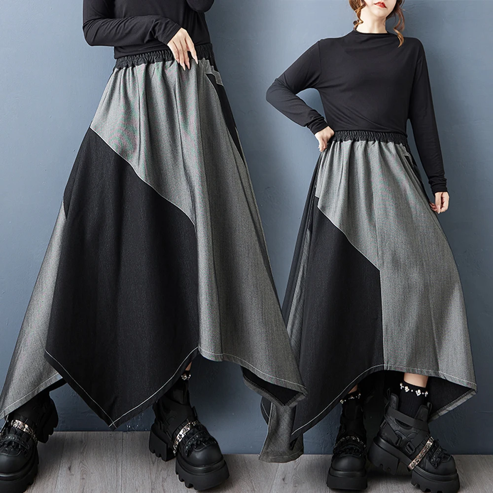 

NYFS Autrumn джинсовая юбка винтажная свободная большие размеры с эластичной резинкой на талии в стиле пэчворк нестандартной формы женские длинные юбки Faldas Mujer Saias