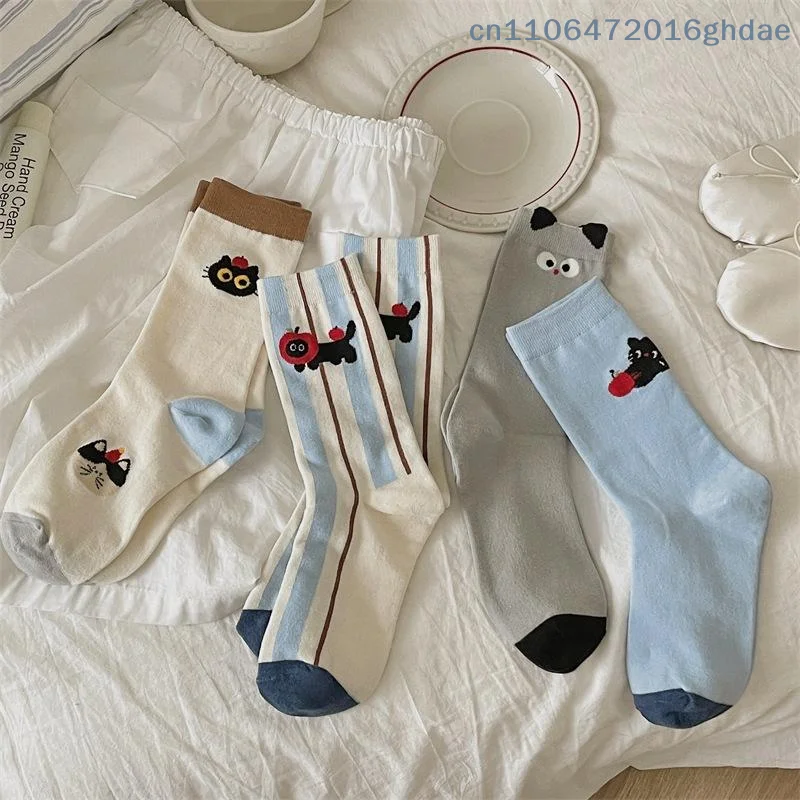 1/4 Paar Niedliche Neue Modische Baumwollsocken, Atmungsaktive Lustige Kätzchen-Socken für Damen, Lässige Lange Preppy-Style Cartoon-Streifensocken