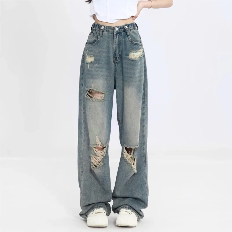 

American Retro Hole-punched Jeans Women High Waist Straight-crotch Loose Slim Design High-street Vibe Wide-legged Dragging Pants