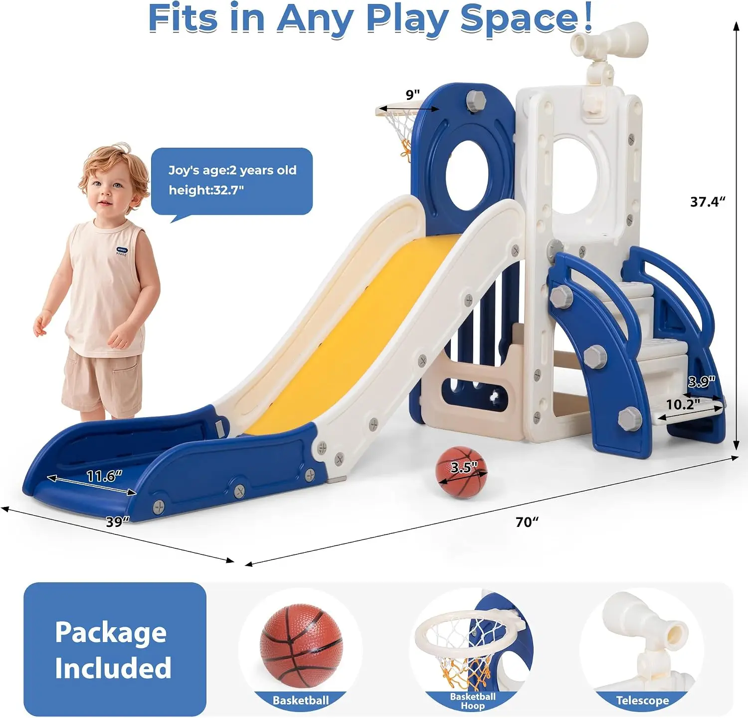 Toddler Slide, Indoor Outdoor Slide for Toddlers 1-3, Freestanding Slide with Basketball Hoop, Telescope - view 2