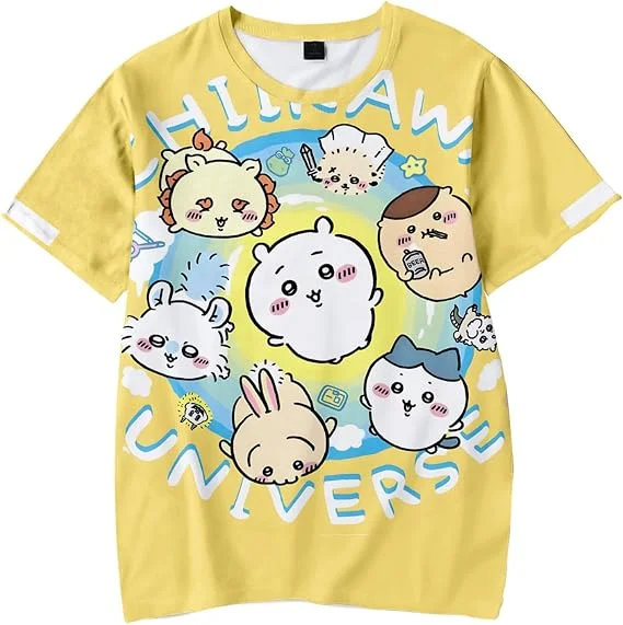 Chiikawa Usagi Hachiware Niedliche Gestapelte Figuren Print T-Shirt Farbiges Kurzarm-T-Shirt Lässiges Unisex Sommer-Oberteil Familien-Set – Detail 5