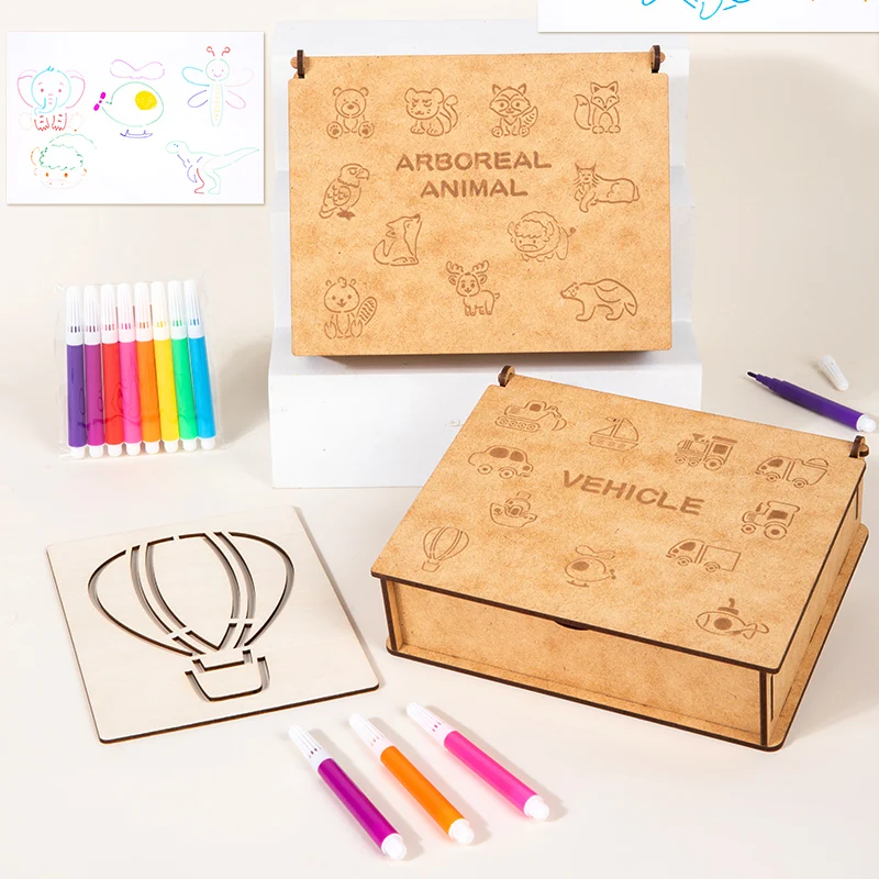 Montessori Scatola di legno per bambini Tavolo da disegno Giocattoli Pittura fai da te Stencil Modello Giocattolo artigianale Puzzle Giocattolo educativo per regalo per bambini