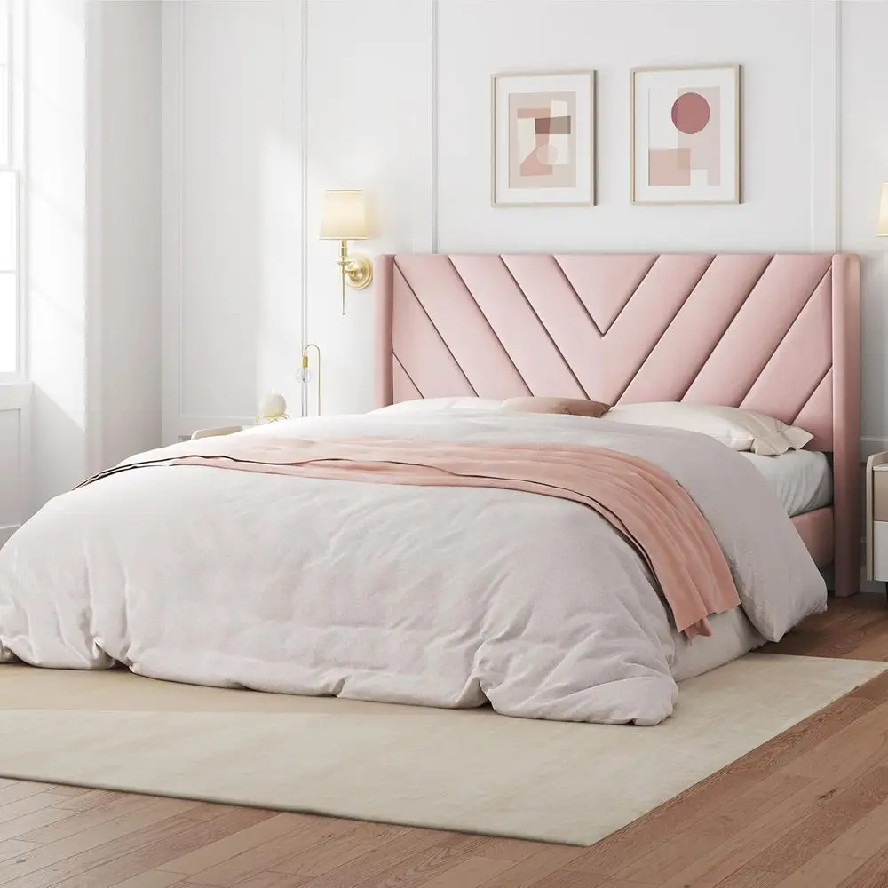 

Pink Queen Upholstered Platform Bed with Wooden Slat Support and Wing Sides, No Box Spring Needed