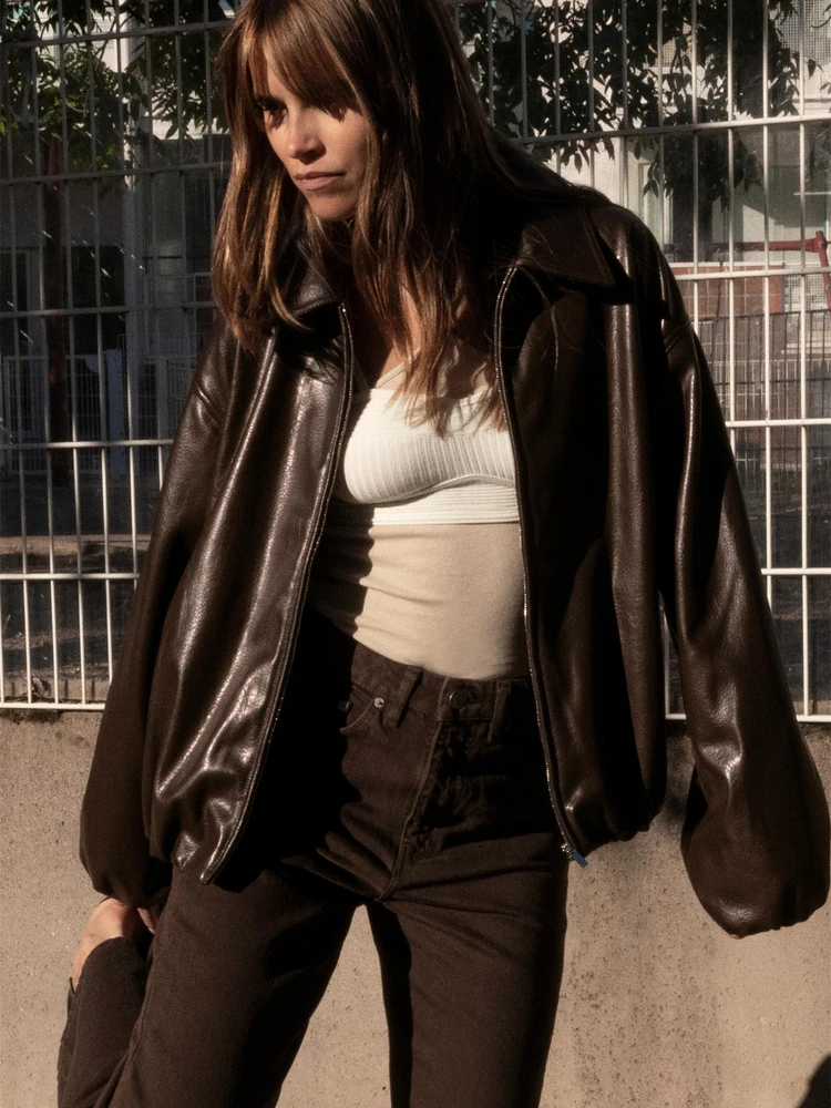 Nuovo autunno High-End Casual Faion Simulazione Pelle Colletto pilota Jaet Cappotto da donna Cerniera Vestibilità ampia Lungo Sve Regular L...