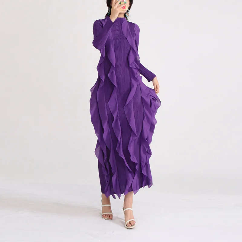 Autumn New French Vintage Style 2024 Standing Neck Long Sleeve High Elastic Flesh Shield Ruffle Edge Solid Color Long Dress