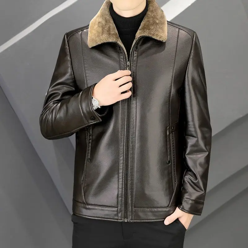 Giacca in Pelle Foderata in Pile per Uomo con Interno in Pile Ispessito Giacca Business Casual Calda Autunno Inverno Nero Marrone