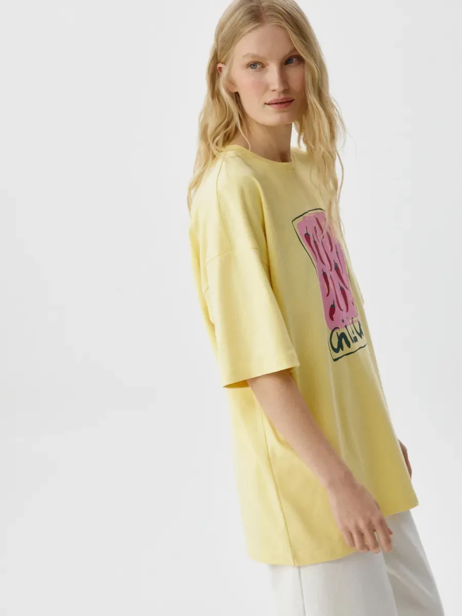 Women Light Yellow Oversized Tee Retro Chili Pepper Print Crewneck Loose Short Sleeve Casual Summer Tops