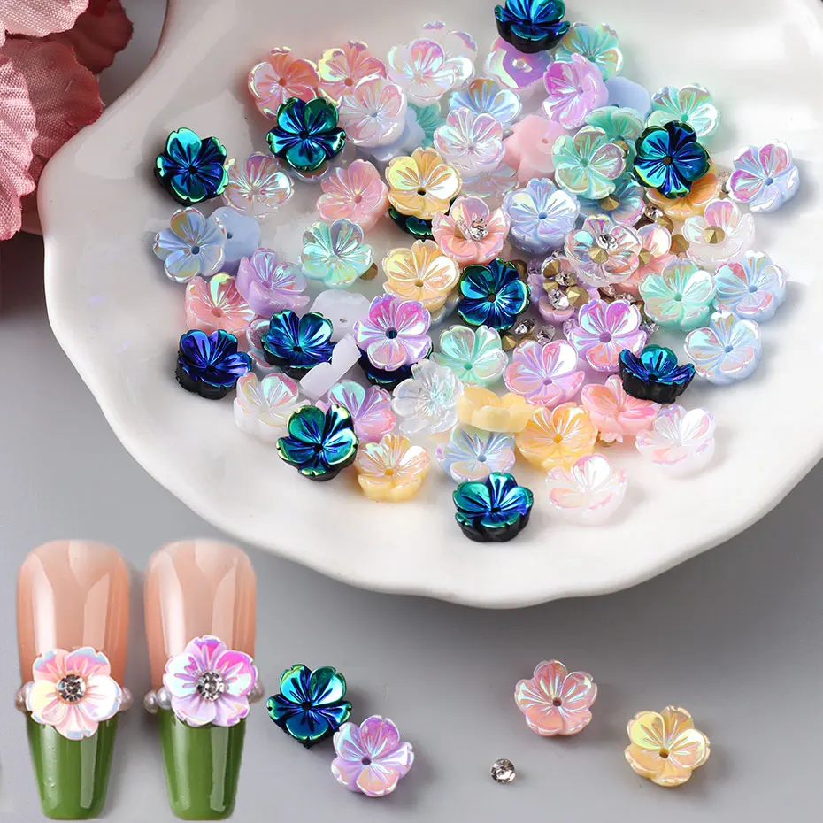 50/100pc 9mm Aurora Pink Blossom Nail Art Decoration 3D Shiny Colorful Five Petals Nail Charms DIY Rhinestone Nail Art Manicure