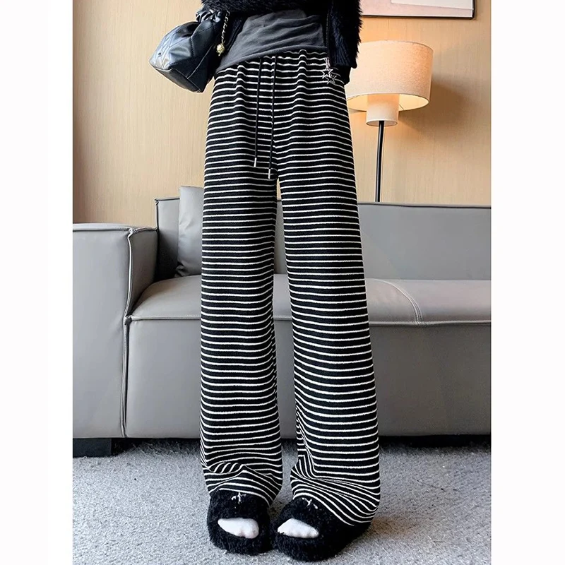 

2026 Women Baggy Striped Designer Wide Leg Pants Female Chic Daily High Waist Trousers Lady Fashion Casual Pants