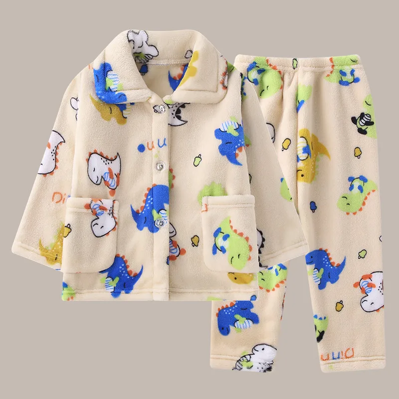 

Kids Autumn Winter Soft Flannel Warm Pajamas Sets Toddler Baby Cute Cartoon Lapel Pyjamas Homewear Boys Girls Casual Sleepwear