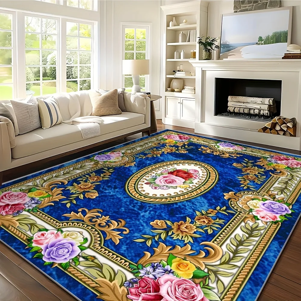1pc of Luxurious Blue Velvet Area Rug Featuring a Bohemian Floral Pattern, Equipped with a Non-Slip Backing And Machine Washable