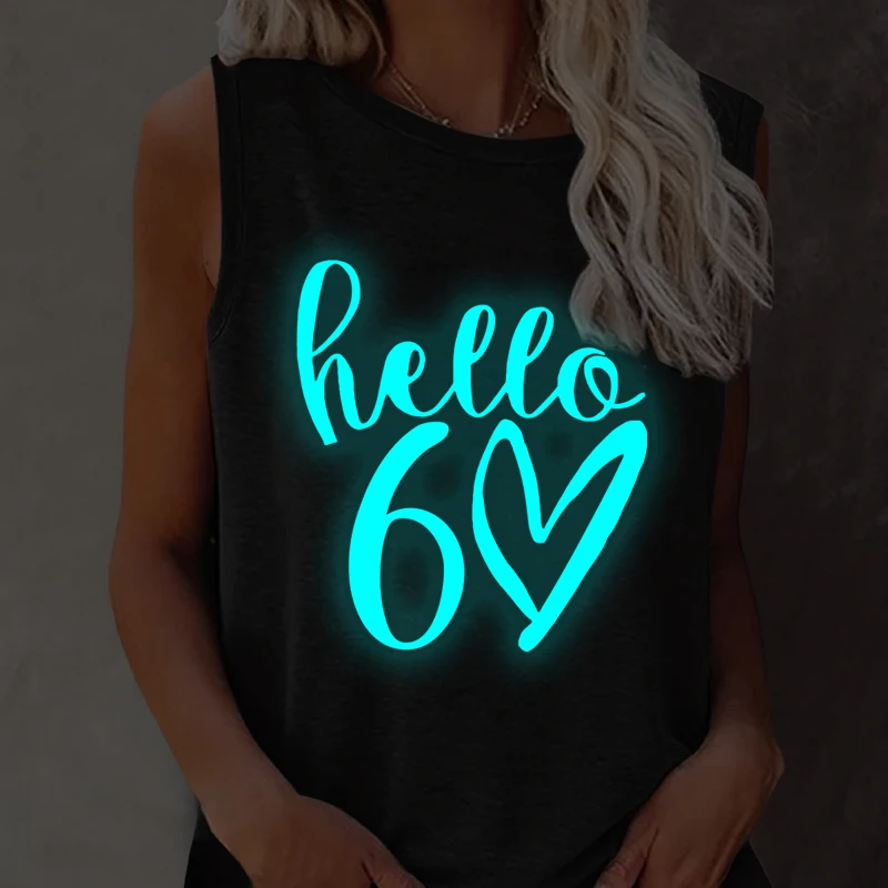 

Hello 60th Print T Shirts Vintage Sleeveless Vest Trendy Women Crewneck Tops Fun Birthday Gift for Mom Luminous Style Tank Top