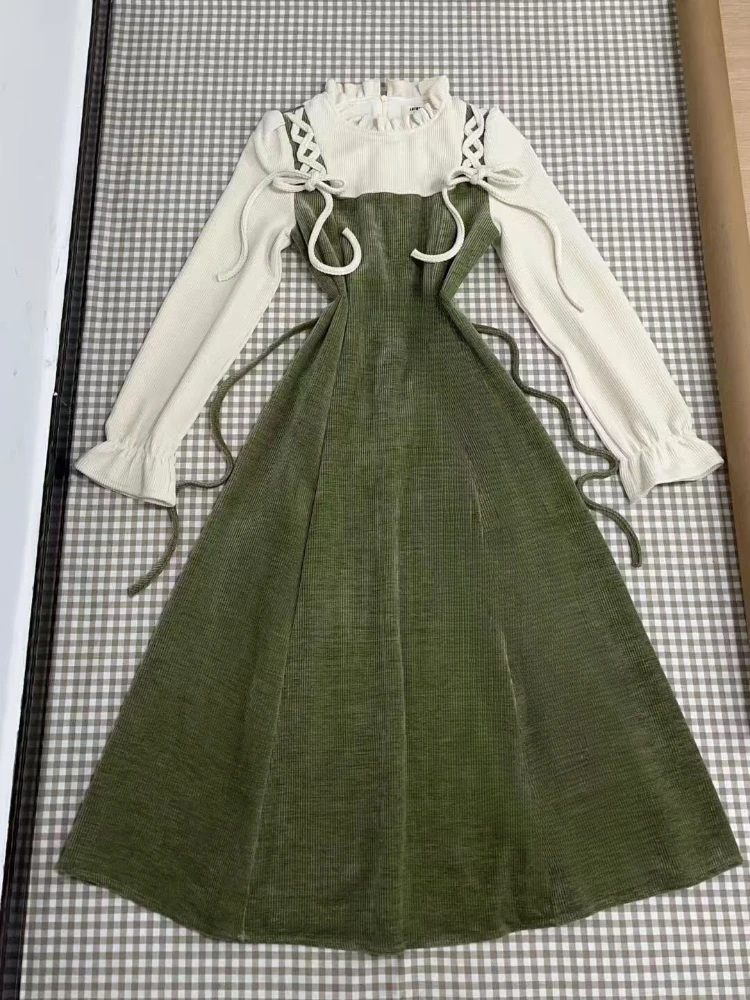 เดรสลายสก๊อตสไตล์ฝรั่งเศสแบบย้อนยุค ดีไซน์สองชิ้นหลอกตา สำหรับผู้หญิง แฟชั่นลำลองสไตล์เกาหลีญี่ปุ่น กระโปรงยาว