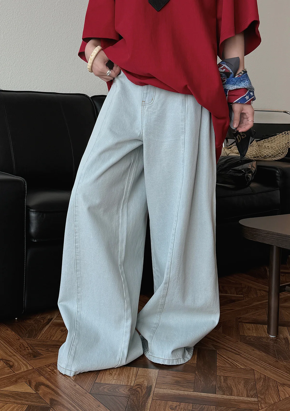 春と秋のレディースカジュアルソリッドカラーハイウエストルーズワイドレッグジーンズ