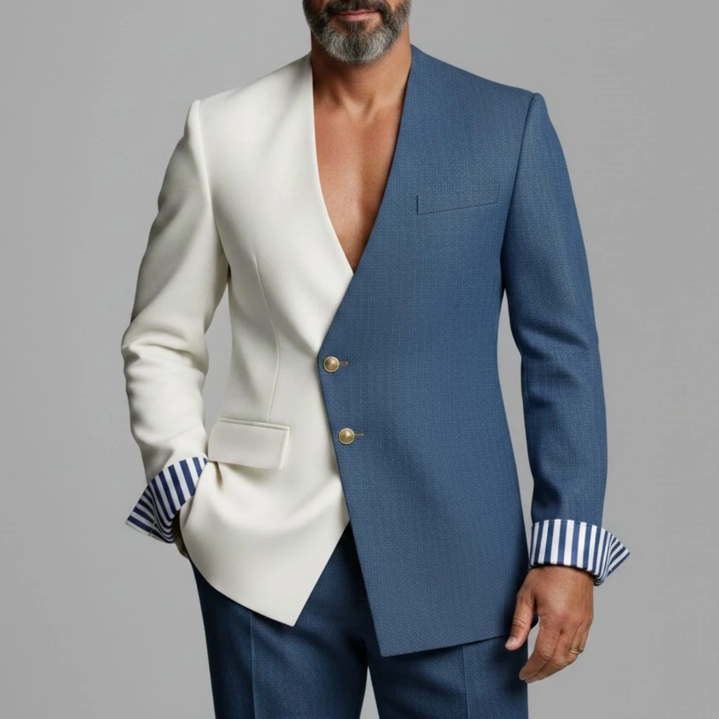 Mens Blue White Color Block 2 Piece Suit Asymmetrical Blazer With Striped Cuffs Slim Fit Pants Business Office Prom Customized