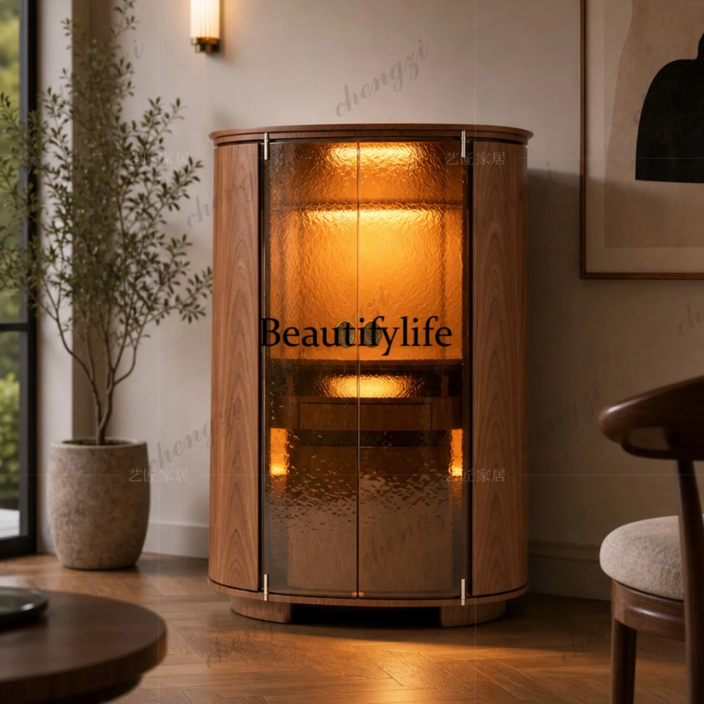 Italian tempered glass wine cabinet high-end living room home retro style dining side cabinet integrated against the wall