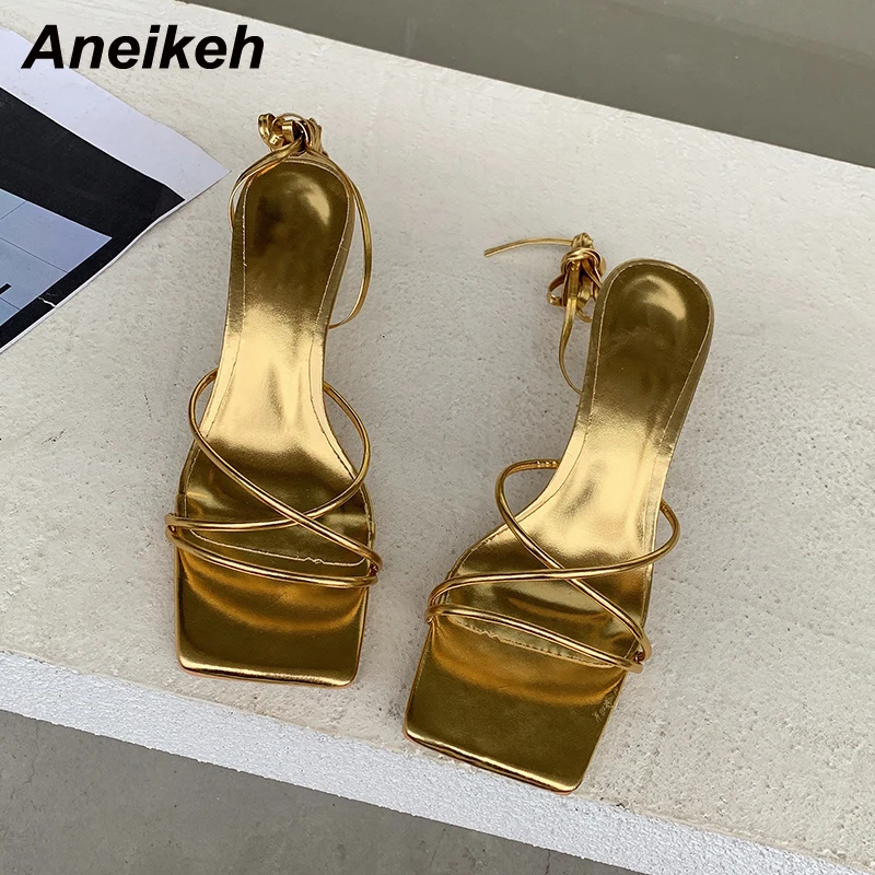 Aneikeh 2023 Fashion Patent Leather Sandals Thin Low Heel Cross-tied Lace Up Rome Summer Gladiator Women Narrow Band Party Shoes