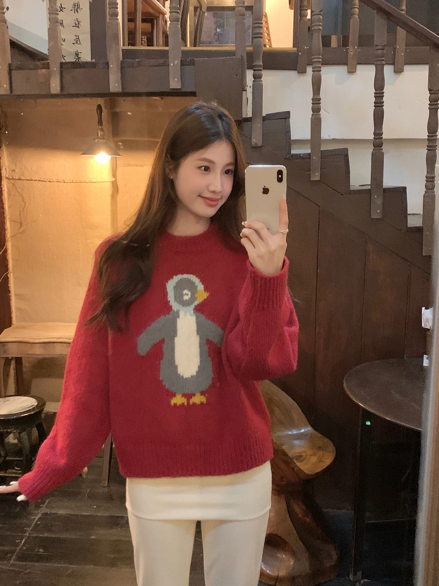 

Cartoon Penguin Lazy Style Women's Knitted Sweater Thick Needle Overhead Design Sense Warm Inner Wear Casual Loose Fit Long S...