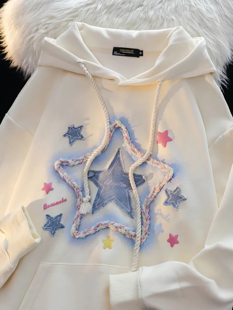 Deeptow Y2K Harajuku Sweet Star Embroidery Patch Printed Hoodie Design Sense Niche Retro Street Loose Fashion Pullover New 2024