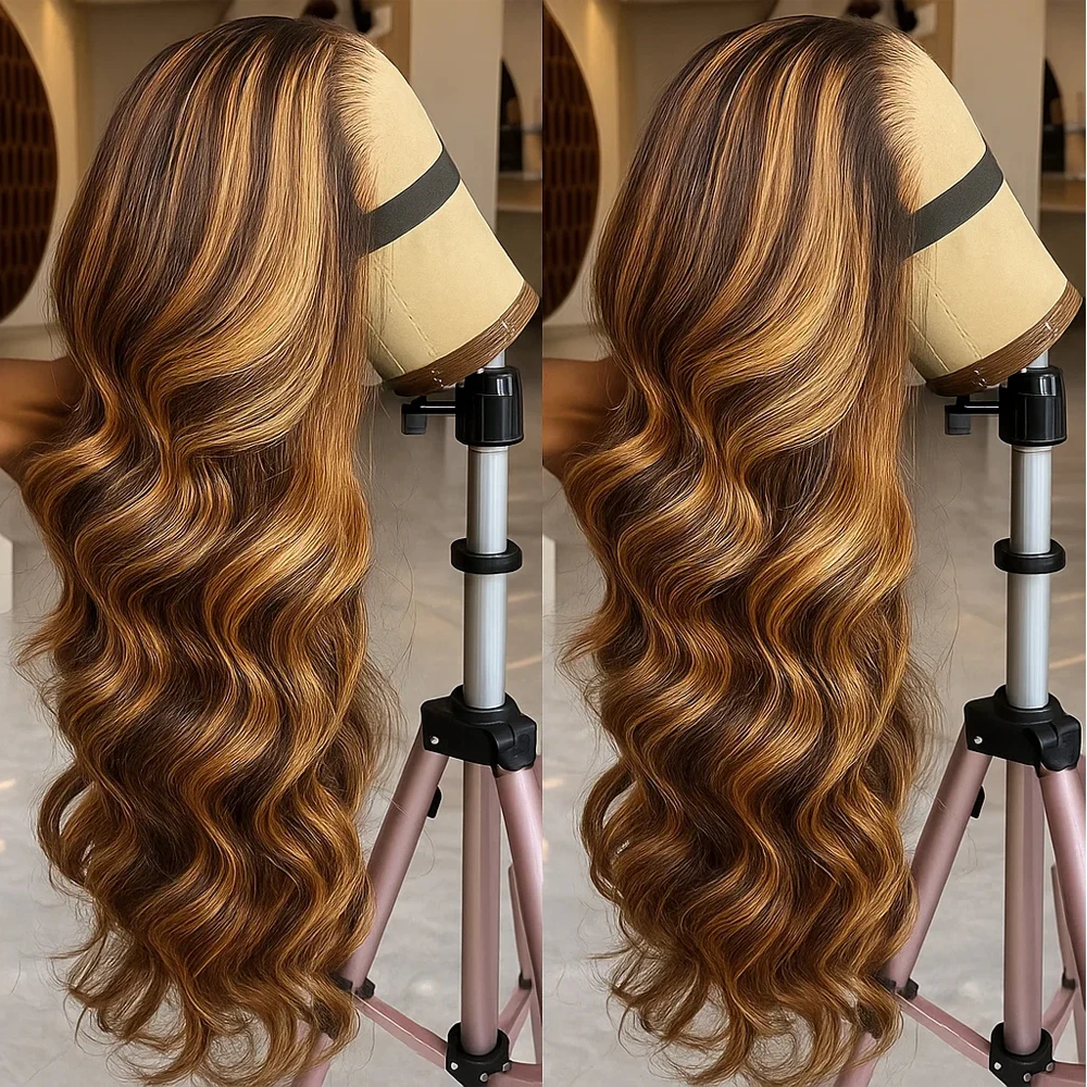 30 بوصة العسل شقراء أومبير الدانتيل شعر مستعار أمامي شعر الإنسان 13x4 HD الدانتيل الباروكة الأمامية 4/27 تسليط الضوء على الجسم موجة الباروكات قبل قطعها #1