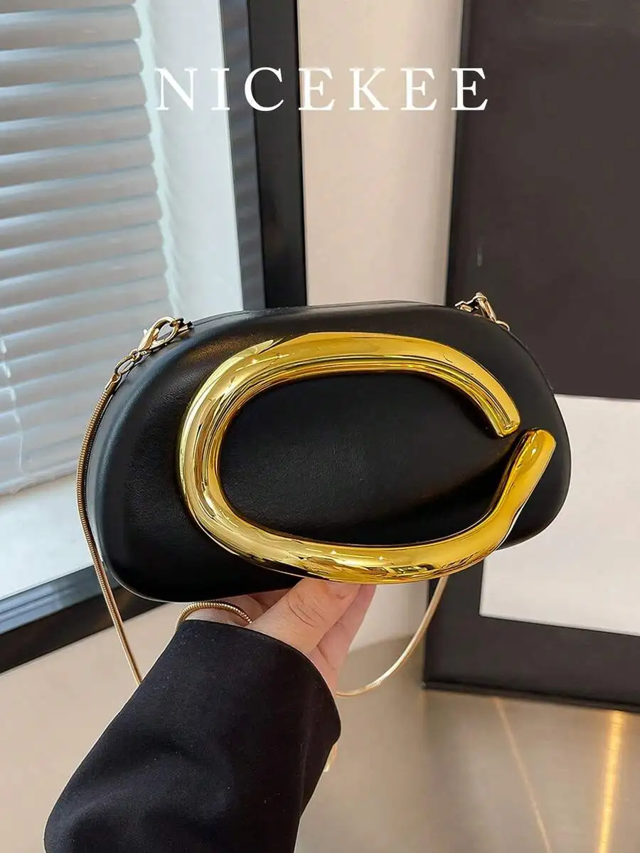 

Elegant Metal Decorated Clutch Bag Retro Minimalist Solid Color Chain Crossbody Shoulder Bag For Women