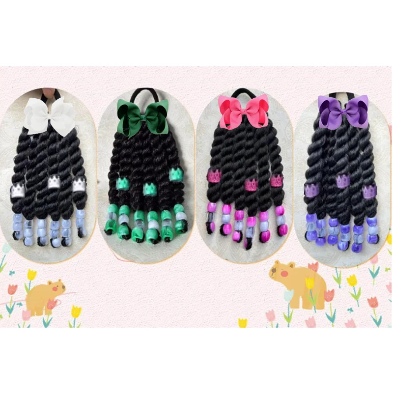 2pack Girls Handmade Twist Braid Hair Extension, Multi Color Beaded Bow Ponytail Hair Tie, Reusable Cute Hair Decor For Kids