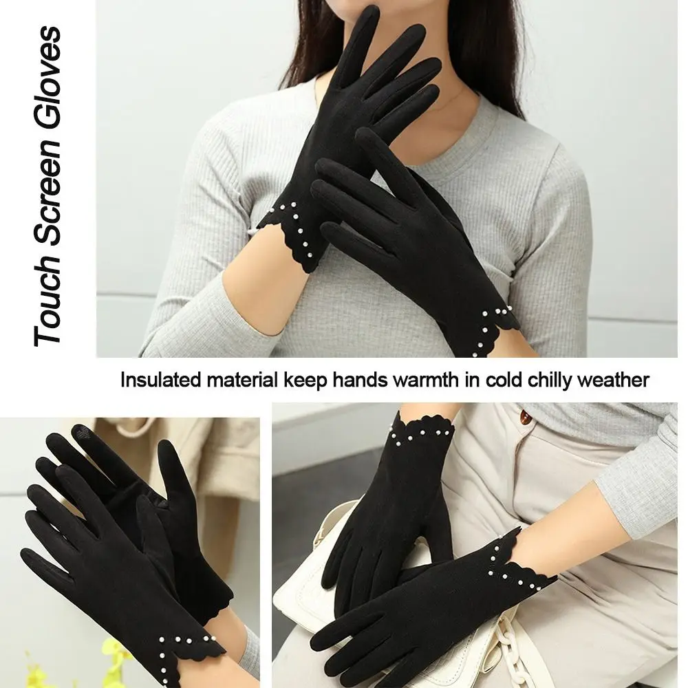 Women Autumn Winter Warm Gloves Touch Screen Without Velvet Thin Not Bloated Mitten Elegant Pearl Solid Outdoor Windproof Gloves