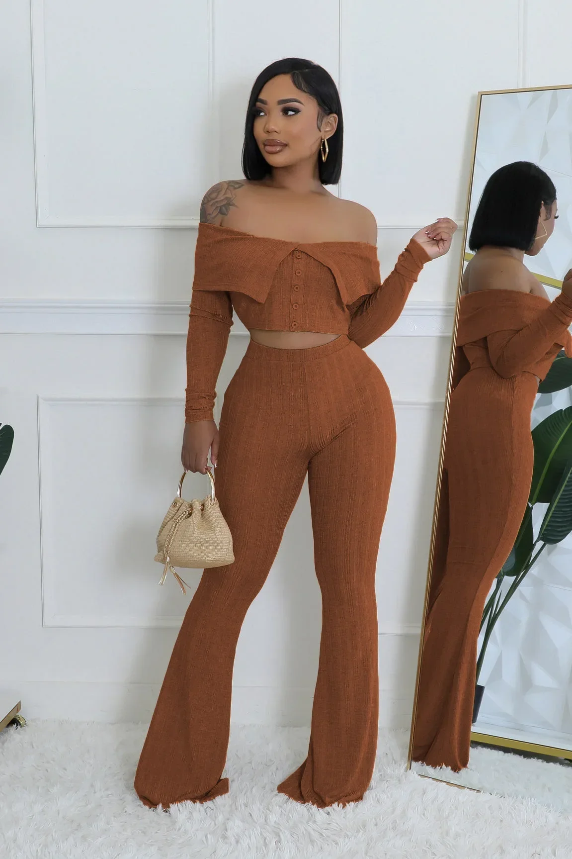 

Women's Set slash neck Striped Knitted Full Sleeve Button Tops +Flare Pants 2024 Autumn Two 2 Piece Set Outfit Tracksuit