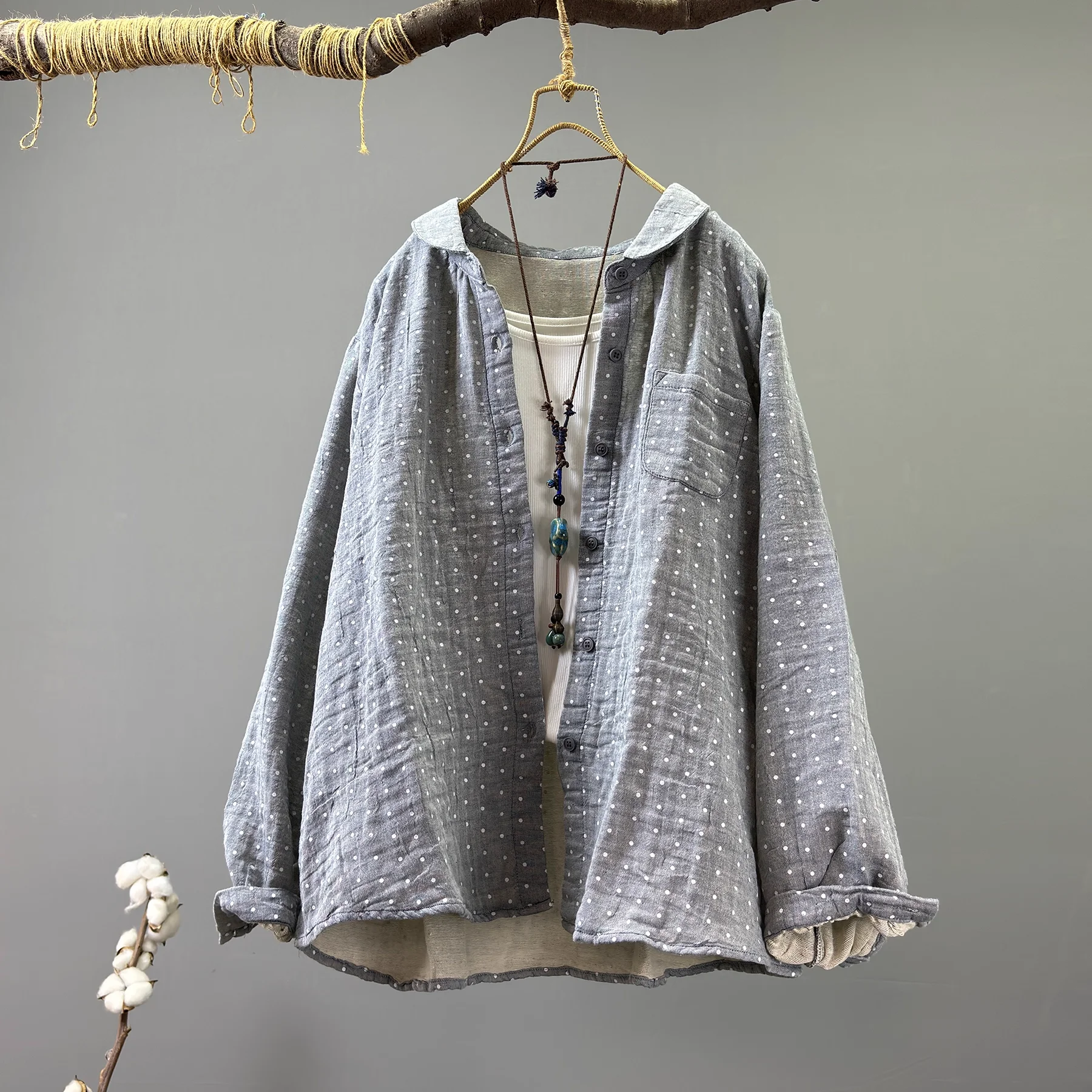 Busto 118cm plus size camisas de bolinhas para mulheres outono 100% fio de algodão macio blusas de manga longa quente único breasted outwear