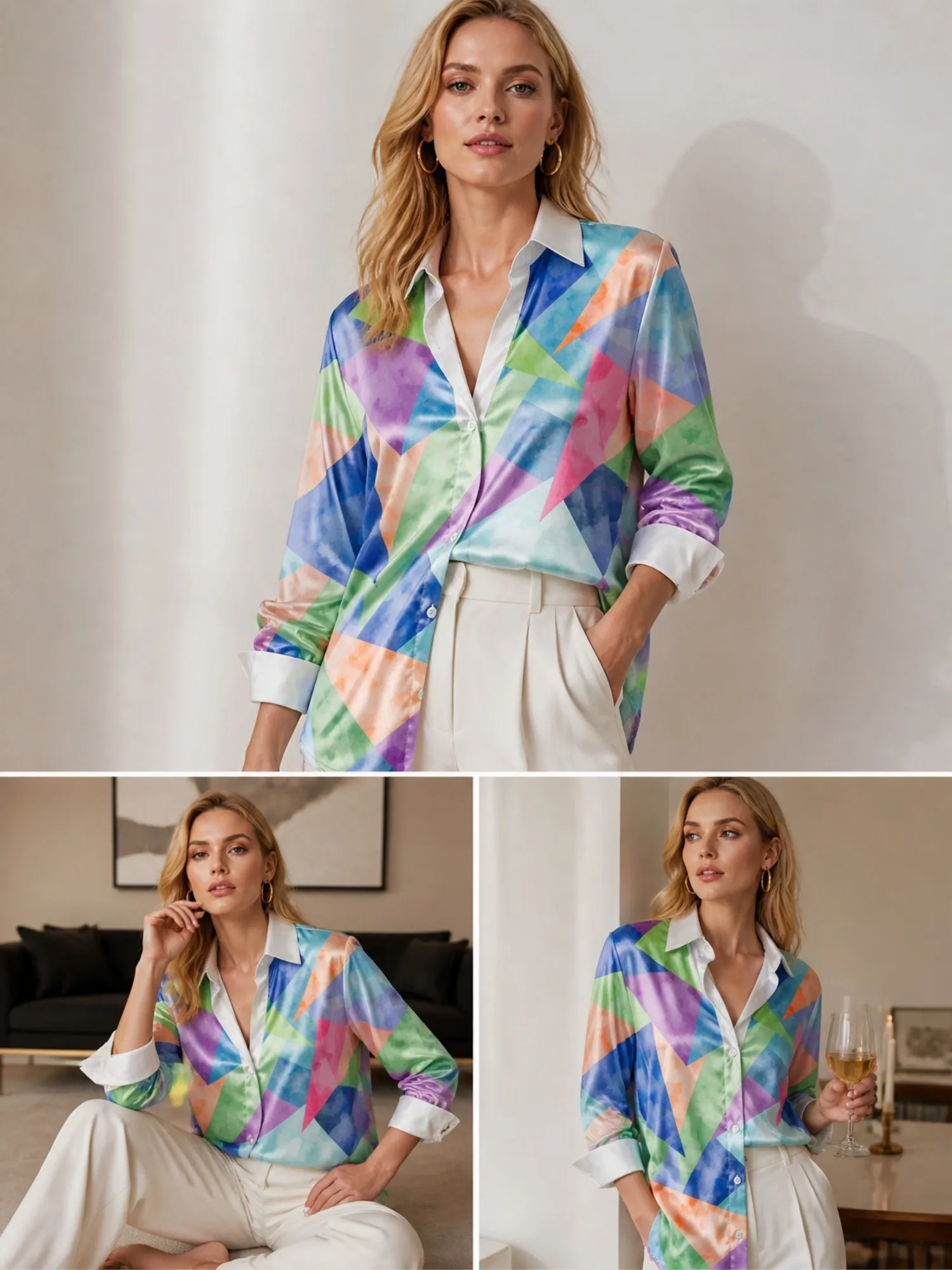 

Colorful Geometric Abstract Satin Blouse for Women Long Sleeve Button Down Shirt Modern Art Casual Silky Top
