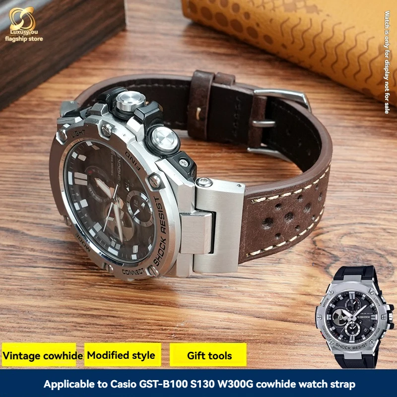 

Breathable hole cowhide watch with For Casio Steel Heart GST-B100/1110/S310/W300 retro modified trendy cowhide watch accessories