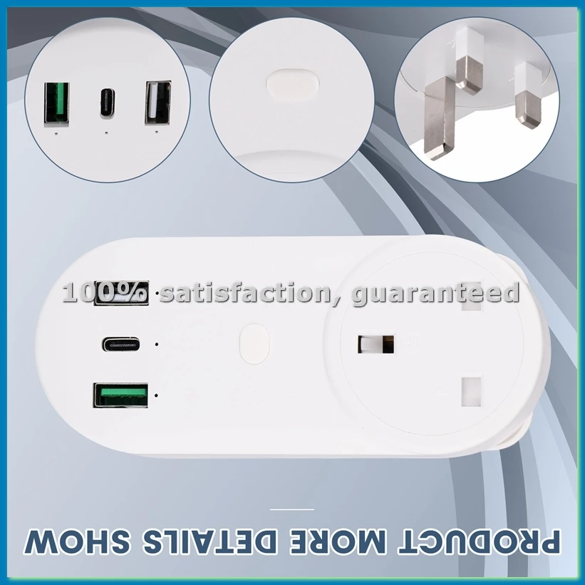 Smart Socket WiFi Plug 16A 2-Hole USB+Type-C Outlets 65W Remote Control Compatible UK Plug-ABWO