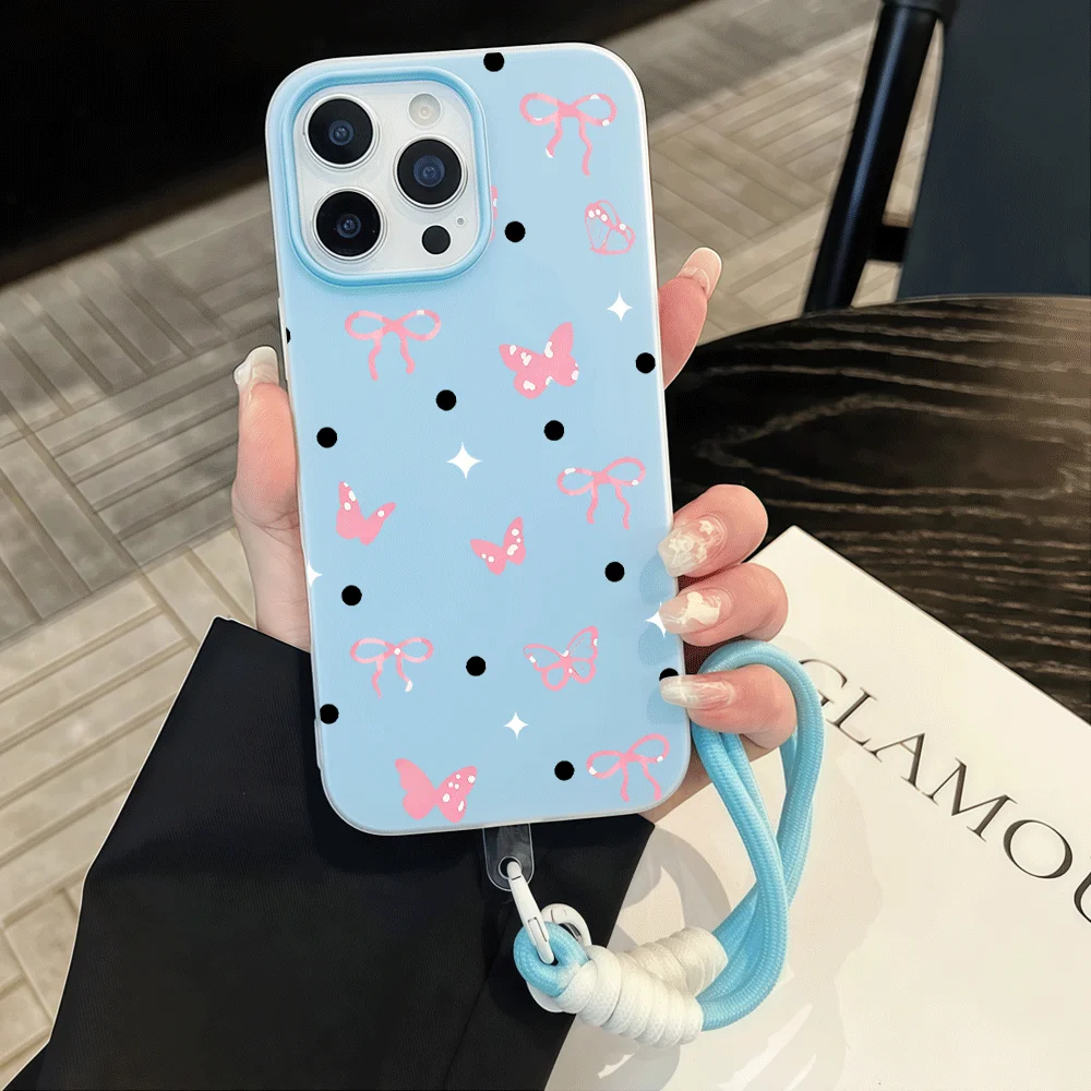 Pink Butterfly Bow Phone Case For Samsung Galaxy S26 S25 S24 S23 S22 Ultra Plus A37 A36 A56 A55 A54 2 in 1 With Lanyard Cover