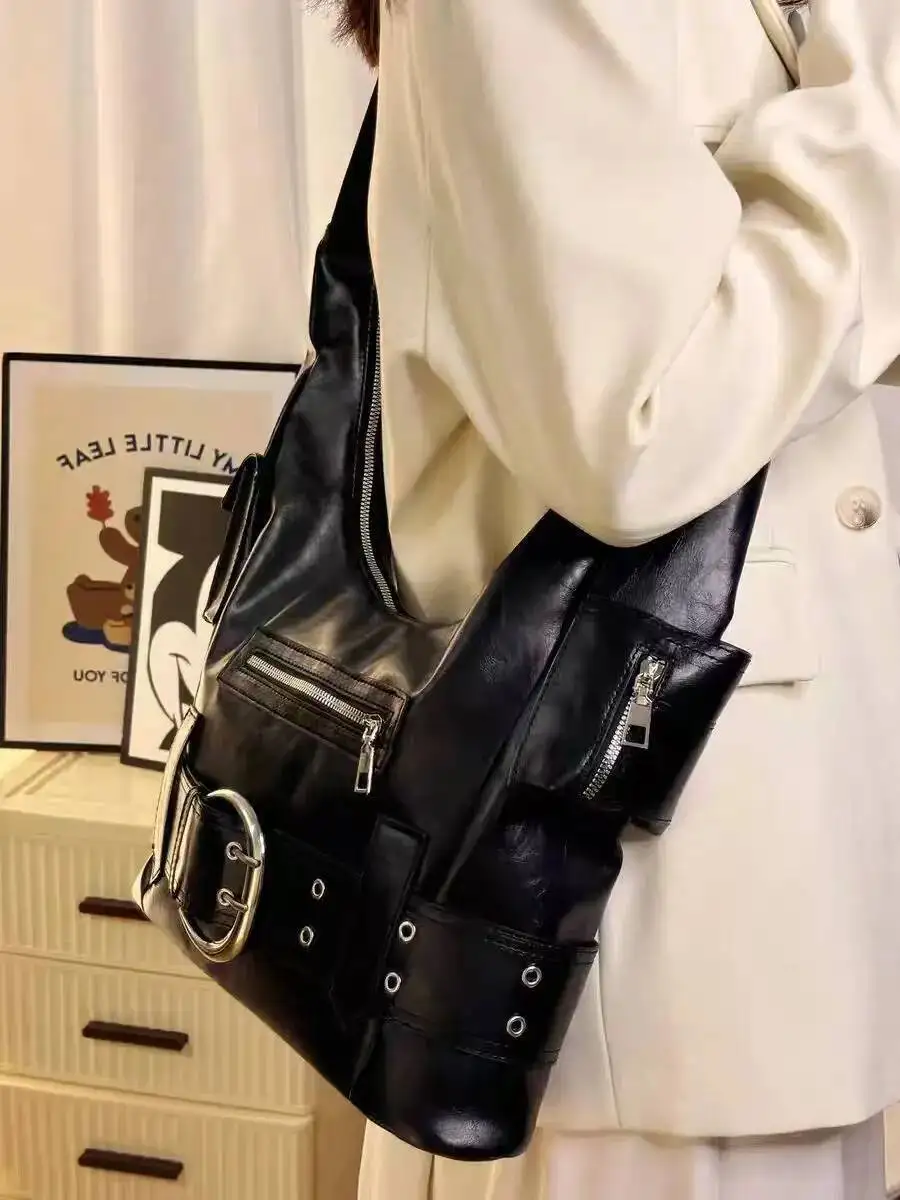 Bloom High Street Black Shoulder Purse Women Sweet Cool Hot Girls Leather Y2k Handbag Female Retro Casual Crossbody Bags